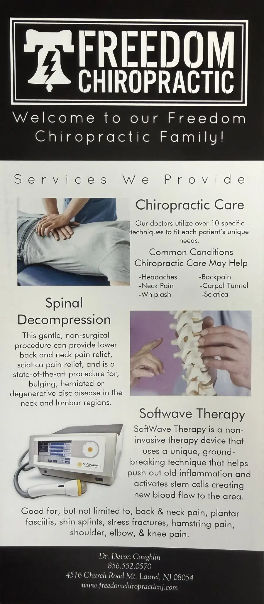 Freedom Chiropractic services brochure — chiropractic care, spinal decompression and SoftWave therapy